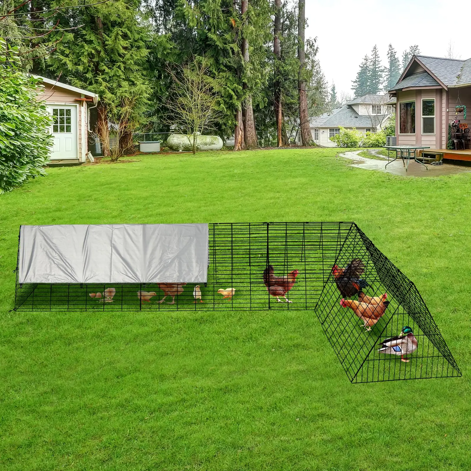 118"x79"x28" Portable Chicken Coop Outdoor with Tunnel & Cover, Modular Metal Cage for Chickens, Ducks & Rabbits – Heavy-Duty All Weather Chicken Tractor