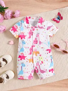Spring Summer Cartoon Crown Dinosaur Romper Onesie for Newborn Baby Boys Girls, Cute Short Sleeve Jumpsuit for Outdoor Play