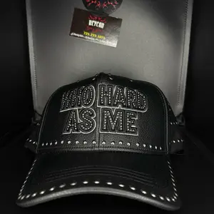 DANDY WHAM FULL SET - Black Leather Cap with 'WHO HARD AS ME' Embroidery and Studs for Stylish Outfits