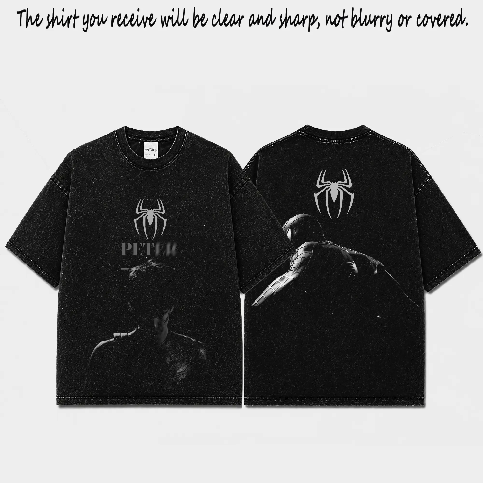 Spidey - Brand New Day Inspired Acid Wash Black Oversized T-Shirt, Premium Cotton Red Spidey Logo Graphic Tee, Front Back Dark Hero Print Shirt, Minimal Gothic Streetwear Top, Gift For Comic Fans Men Women