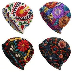 2pc Cozy Vintage Beanies Breathable Soft Unisex Skull Cap Non Embroidered Floral Design Warm Running Cap for Spring Autumn
