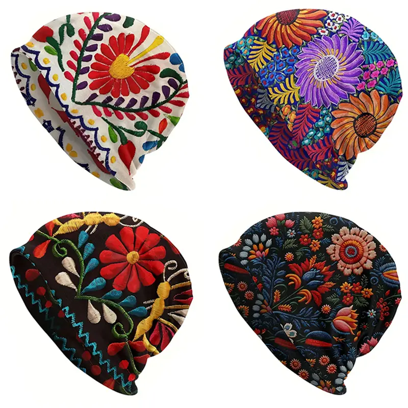 Unisex 2-Piece Knit Beanie Hat Set - Cozy Vintage Breathable Soft Non-Embroidered Floral Print Skull Caps, Skin-Friendly Knitted Cap for Spring, Autumn, Casual Daily Elegant Beanies Hats