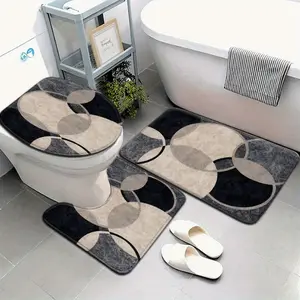 3pcs/4pcs Minimalist American Bohemian Style Black And White Floral Pattern Circle Design Bathroom Mat Water Absorbent, Non Slip Absorbent Soft Microfiber Bathroom Mats with Toilet Lid Cover & Contour Rug