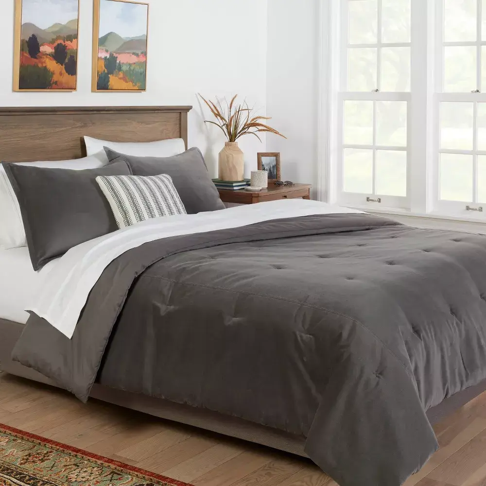 Full/Queen Velvet Comforter and Sham Set Charcoal - Threshold: OEKO-TEX Certified Machine Washable