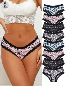 8-Pack Women's Gothic Lace Patchwork Underwear Set, Trim Lace Panty, Elastic Waistband, Comfortable Fit, Cartoon Print, Casual Style, All Seasons