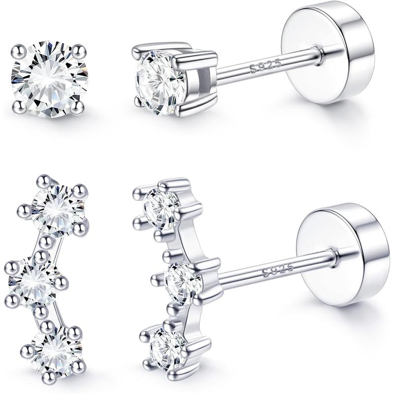 MILACOLATO 2 Pairs 925 Sterling Silver Flat Back Earrings for Women Dainty CZ Flatback Cartilage Earring Small Helix Tragus Multiple Piercing Jewelry