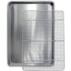 Commercial Quality Cookie Sheet and Rack - Aluminum Half Sheet Baking Pan and Stainless Steel Cooling Rack Set 13x18 Rust & Warp Resistant, Heavy Duty
