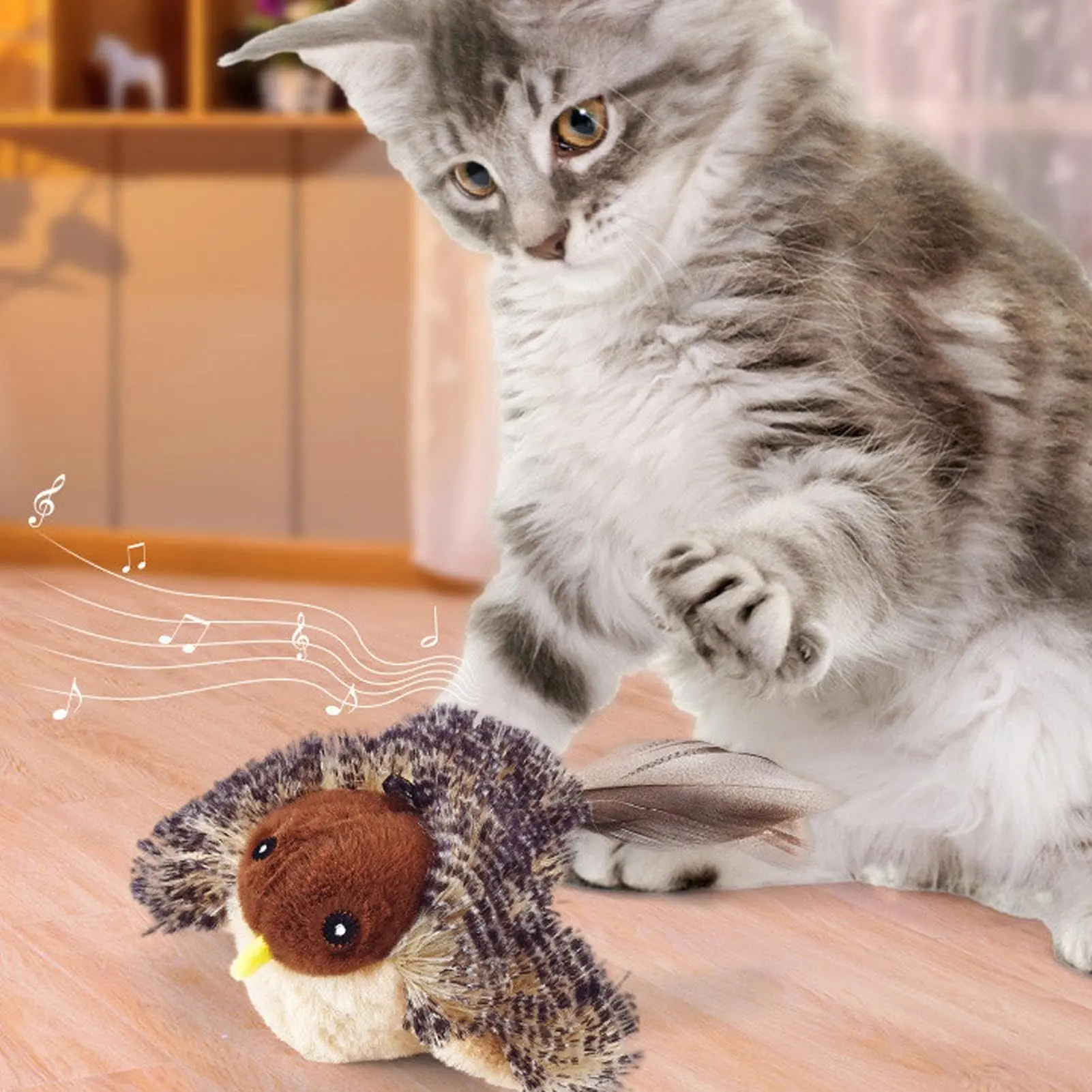 Rechargeable cat and dog toys, artificial feathers, built-in lithium battery, simulation bird-shaped toys, will flap the wings with bird calls, removable liner for easy cleaning of stains