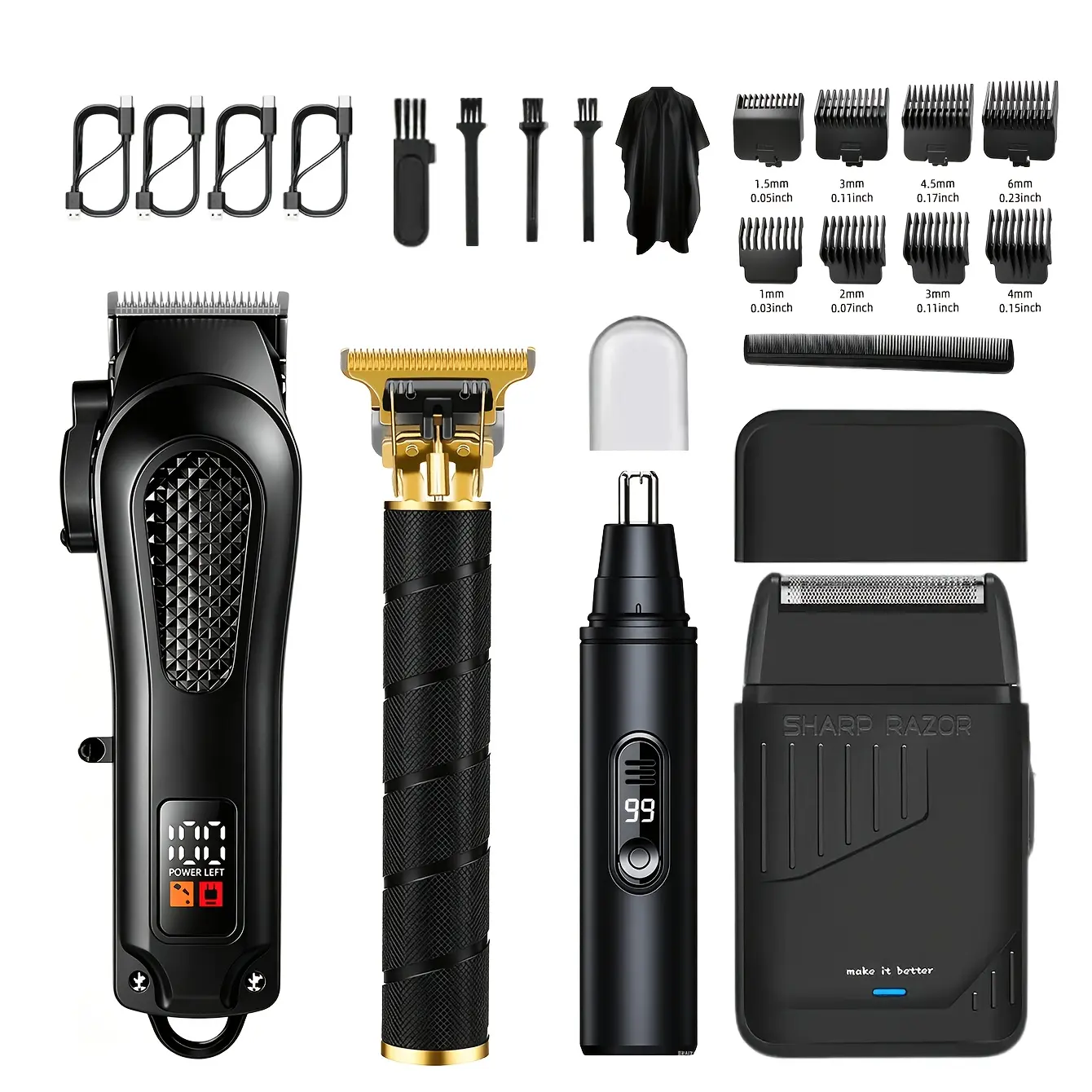 Kikido 4-in-1 Men’s Grooming Kit Cordless Hair Clipper T-Blade Trimmer Nose Hair Trimmer Foil Shaver LED Display Professional Barber Set