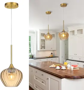 7 Inch Amber Glass Pendant Lights Kitchen Island, Modern Adjustable Vintage Gold Hanging Lamp for Dining Room Bathroom Bedroom