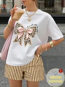 Summer New Arrival Women's Casual Bow Print T-Shirt and Striped Shorts Set, Outfit, Loose-Fitting Above the Knee, All over Print Style