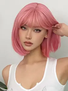 Bob Wig, Short Straight Hair, 12 Inch Bangs, High Heat Resistant, Women's Wig for Halloween, Christmas, Cosplay, Straight Synthetic Wigs
