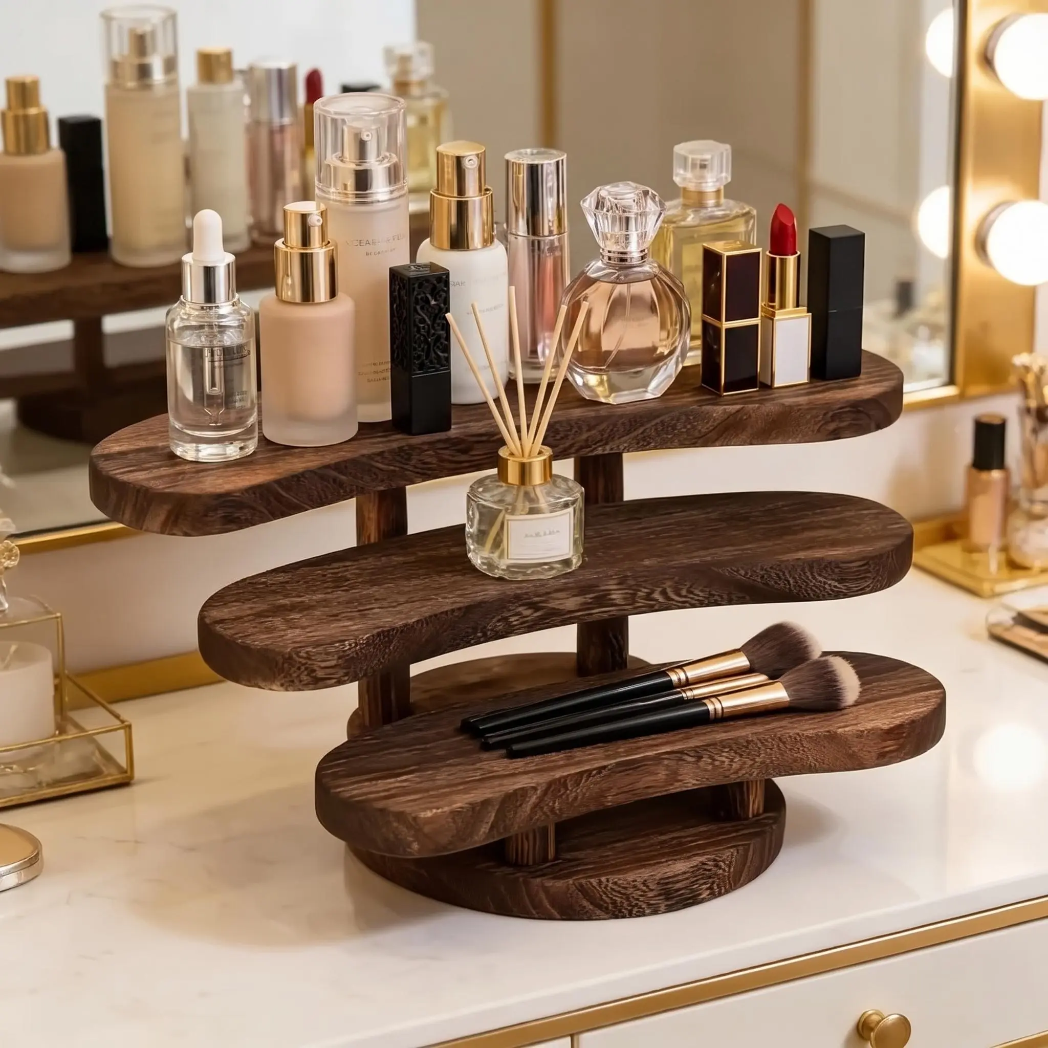 1pc Vintage Carbonized Wooden 3-Tier Vertical Desktop Organizer - Kitchen Tea Art Storage, Jewelry Display, Cosmetics Perfume Decorative Stand
