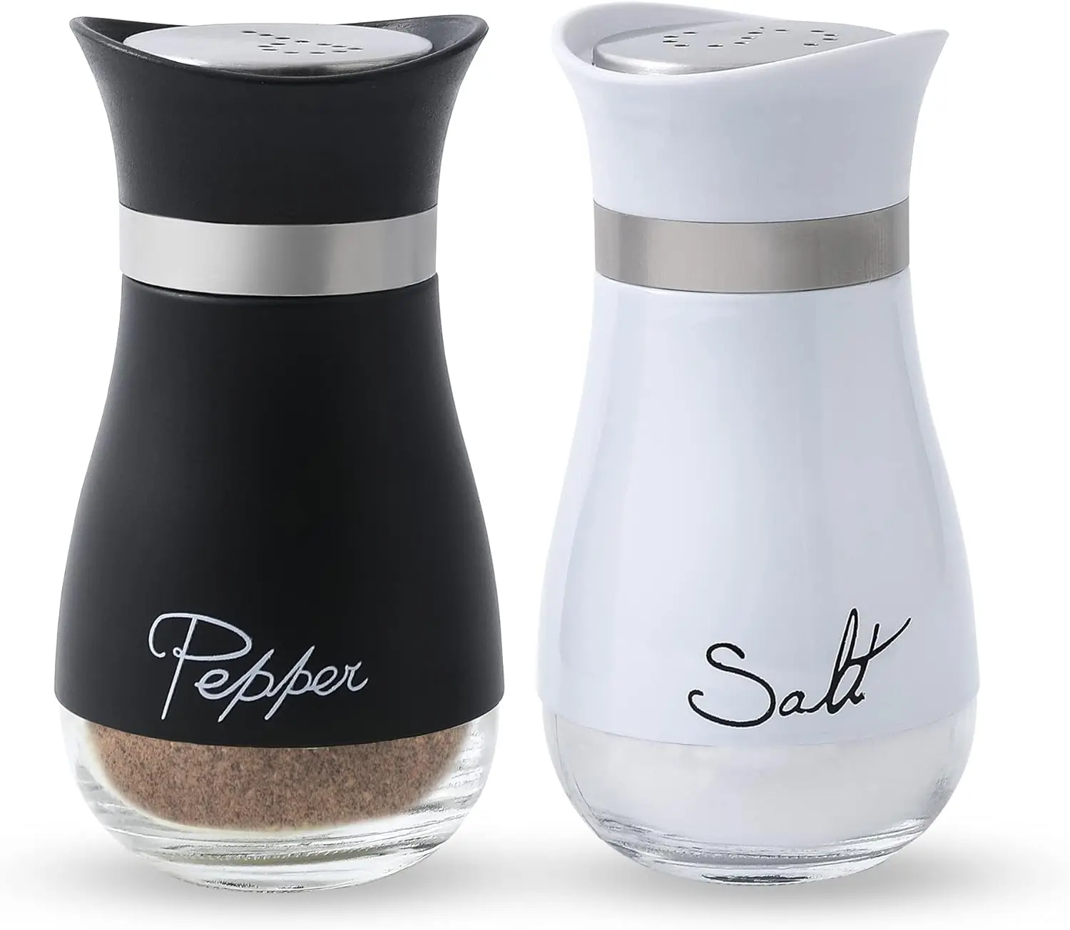 Salt and Pepper Shakers Set - Salt Containers for Gifts, Kitchen Decor, , RV, Camp, BBQ, 4 oz Farmhouse  Dispenser with Glass Bottom, Black and White, Set of 2