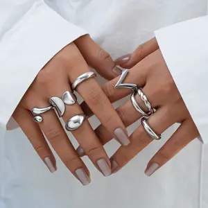 7Pcs/Set Vintage Irregular Silver Color Open Rings For Women New Punk Geometric V-Shaped Rings Fashion Female Jewelry Gifts 2025