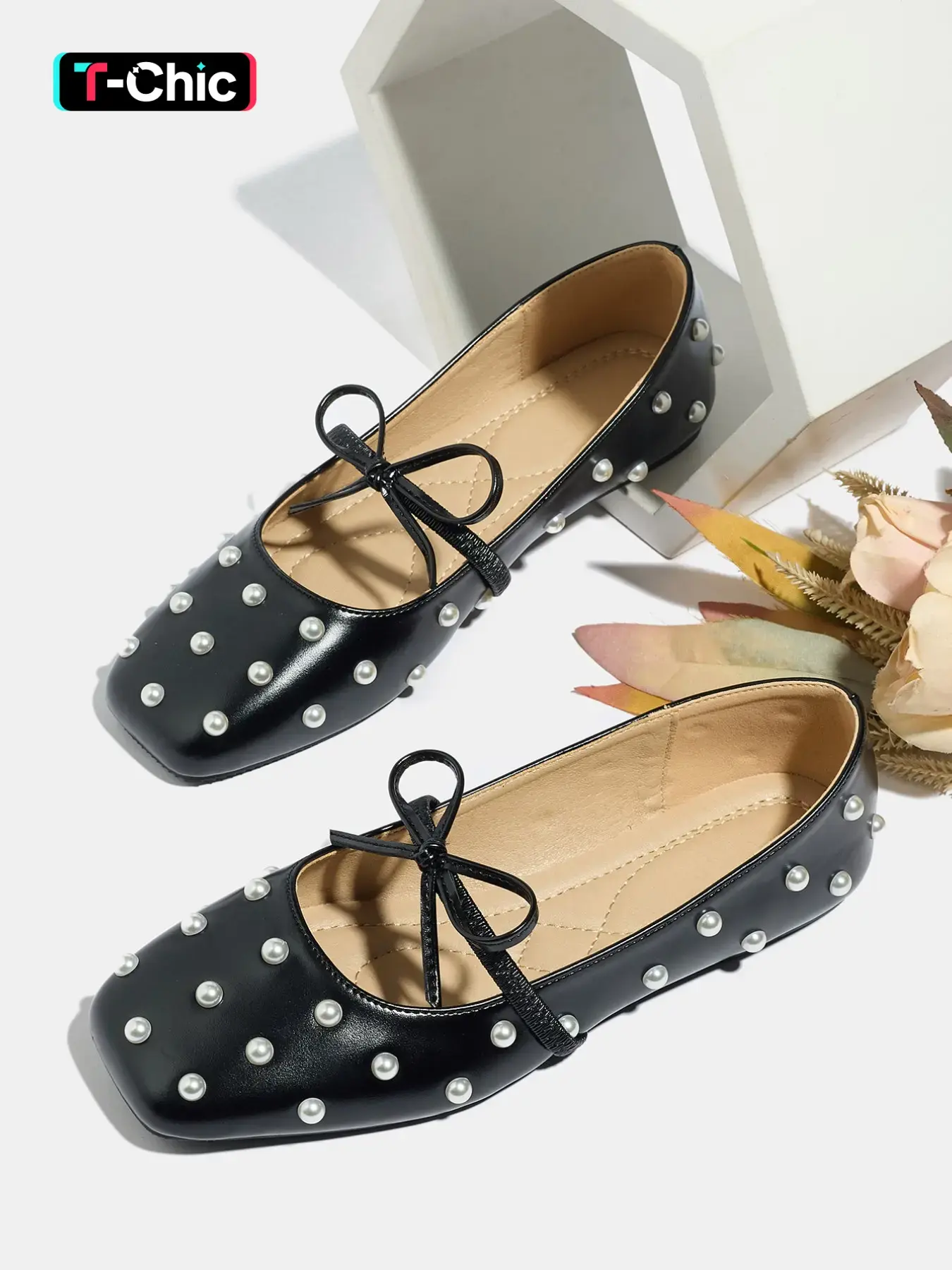 Women's Plus Size Mary Jane Shoes 2026 Spring Summer New Square Toe Pearl Decor Bow Strap Low Heel Fashion Outdoor Fashionable Casual Flats Ballet Flats Casual Trendy Flat