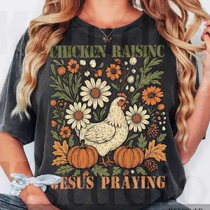 Retro Chicken Raising Jesus Praying Funny Fall Autumn Shirt, Fall Farm Girl Thanksgiving Gift, Christian Chickien Farm Fall Autumn Tee