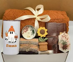 Fall Gift Box: Custom Tumbler, Cozy Blanket & Candle, Boo, Halloween Gift Basket, Autumn Present