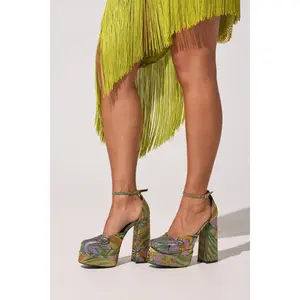 AZALEA WANG ZIPPHORA GREEN MULTI BROCADE PLATFORM PUMP
