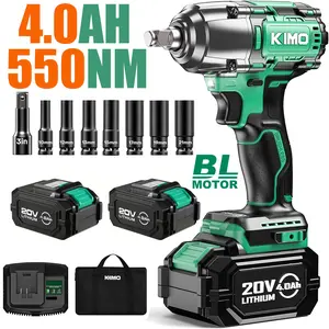 Pistolade Impacto 550 Torque - KIMO 20V Heavy Duty Cordless Impact Wrench Kit | 1/2" Brushless | 406 ft-lbs (550N.m) Max Torque & 3000 RPM | Professional Impact Gun w/ Brake Stop | Includes 7 Sockets, 4.0Ah Battery & Fast Charger Power Tool Hardware