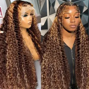 13x6 Highlight Lace Front Wig Human Hair 4/27 Ombre Deep Wave Lace Front Wig Human Hair Pre Plucked 180% Density Honey Blonde Curly Wigs