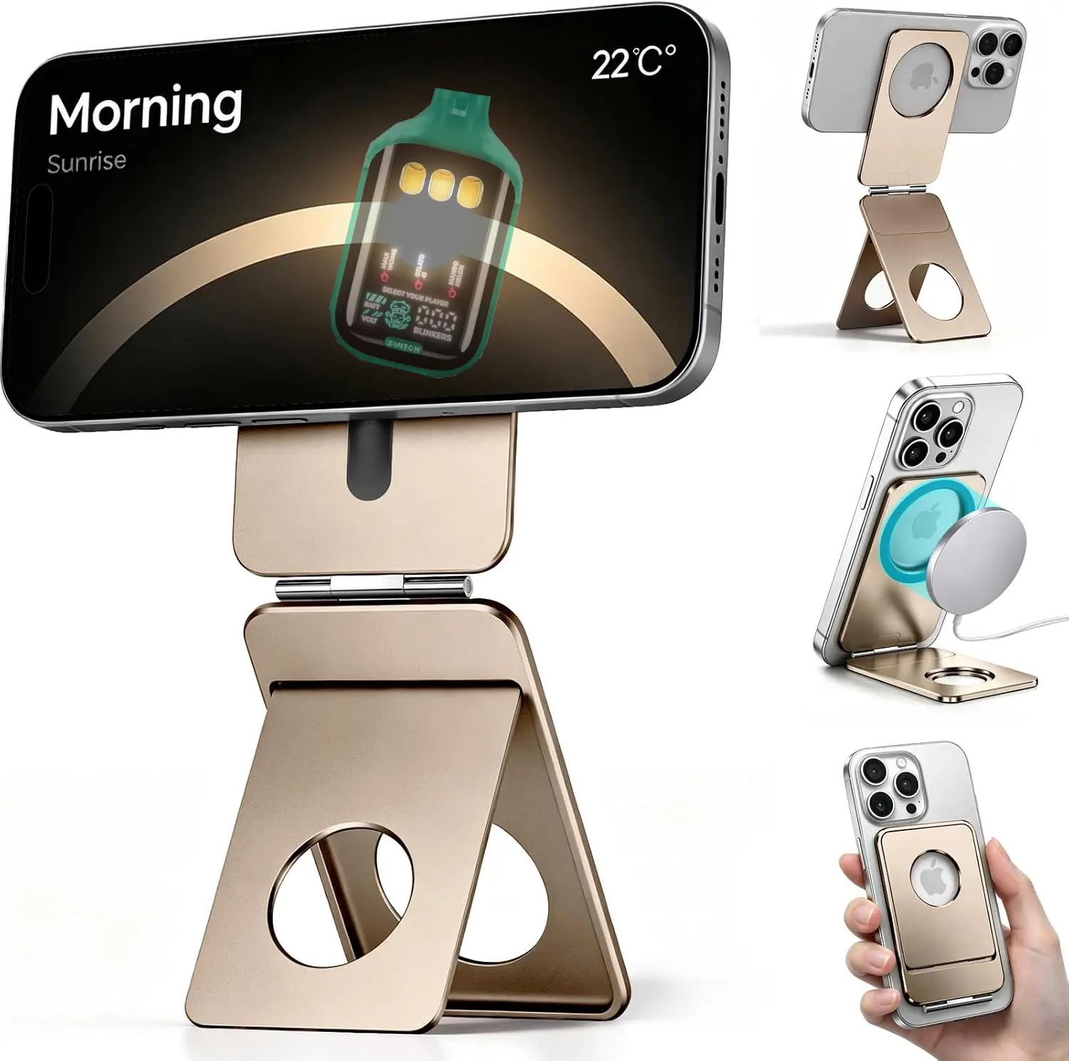 Boutiq V5 Cell Phone Stand for Desk, Adjustable Phone Holder Aluminum Cell Phone Stand, for iPhone Stable Anti-Slip Base, Case Friendly for iPhone 17 16 15 14 Pro Max, Magsafe Tripod, Tripod for iPhone Lightweight Aluminum Strong Magnets iPhone Stand