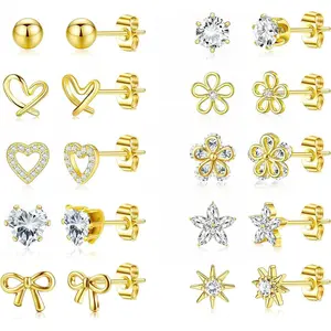 CASSIECA Women's 14 Karat Gold Plated Surgical Steel Hypoallergenic Stud Earrings Set - Dainty Cute Heart, Flower, Bow Designs with Cubic Zirconia for Sensitive Ears, Daily Wear Women Summervibes