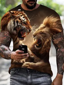 Tiger Vs Lion 3D Printed Long Sleeve T-Shirt Men, Bold Animal Pattern Top, Streetwear Fashion, Casual Fashionable, Casual Fitted Short Shirt, Menswear, Graphics