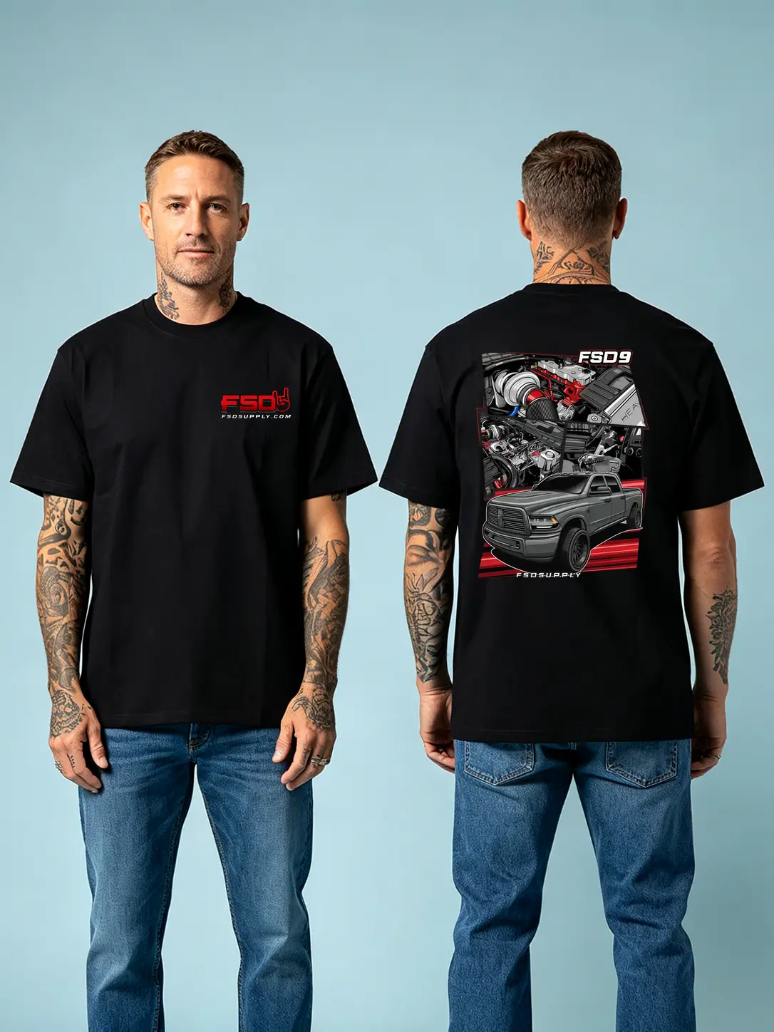 100% Cotton - fsd t-shirt,FSD9 Truck Double Sided Graphic T-Shirt Black Pickup Engine Illustration Streetwear Tee Front Logo Automotive Style for Men Women ,t shirt for men graphic tee