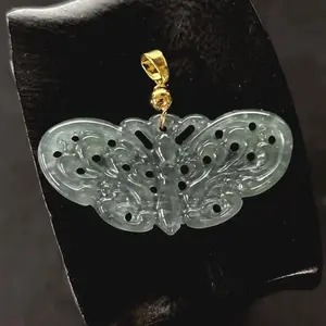 Hi-grade Natural translucent Green Jade Jadeite Pendant Carved 'Butterfly' Hollow-out , Free Necklace