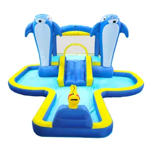 8 in1 Inflatable slide water park trampoline bouncing house outdoor garden with  Dolphin sprinkler & Target games & Water gun & Basketball