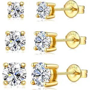 YADOCA Stud Earrings 3 Pairs 14K White Gold Plated Sterling Silver Men's Flat Back Stud Earring Cartilage Helix Piercing D Color Moissanite Earrings Birthday Gifts for Men Women 1.8ct-3.2ct