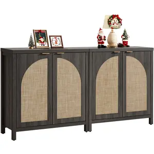 SICOTAS Rattan Sideboard Buffet Cabinet with Storage, Mid Century Modern Credenza Storage Cabinet with Arch Doors & Shelves Farmhouse Coffee Bar Media Console Cabinets for Living Room, Entryway