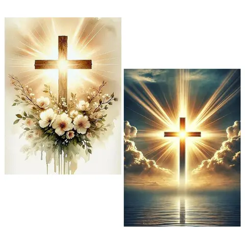 2-Pack 5D Full Round Diamond Art Kits with Glue, Bright Acrylic Gems, 2 Diamond Pens - Christian Jesus Cross Craft Kits for Adults, 12x16in DIY Office Wall Decor Birthday Gifts