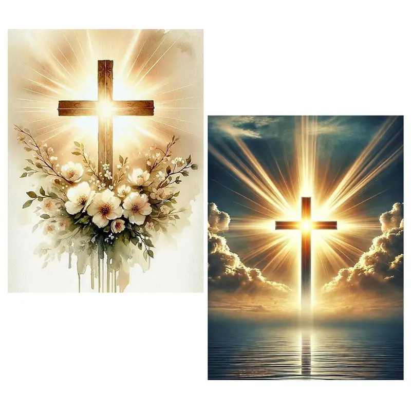 2-Pack 5D Full Round Diamond Art Kits with Glue, Bright Acrylic Gems, 2 Diamond Pens - Christian Jesus Cross Craft Kits for Adults, 12x16in DIY Office Wall Decor Birthday Gifts