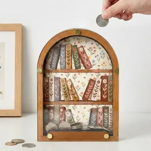 Vintage Wooden Arch Bookshelf Savings Bank, Transparent Visible Storage Box, Large Capacity Coin Holder, Desk Decor Gift for Book Lovers