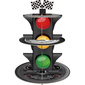 3-Tier Race Car Theme Cupcake Stand Racing Birthday Party Decoration Round Cardboard Cupcake Stand for Cars Birthday Decorations Race Car Party Supplies