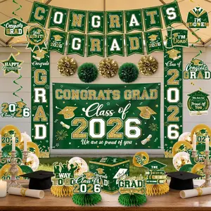 Green and Gold Graduation Decorations 2026 Set All-in-1 Kit with Congrats Grad Banner Class of 2026 Backdrop Porch Sign Balloons Centerpieces Card Box Pom Poms Streamers for College High School