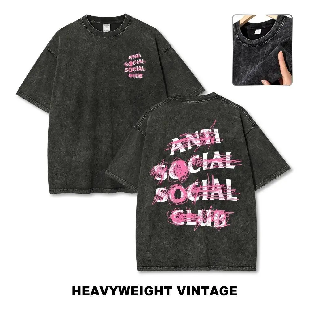 Women's Vintage Wash Anti-Social Social Club Graphic T-Shirt - Heavyweight, Oversized, Seamless, Aesthetic Day Apparel, Scribble Design, Short-Sleeve Streetwear Tee