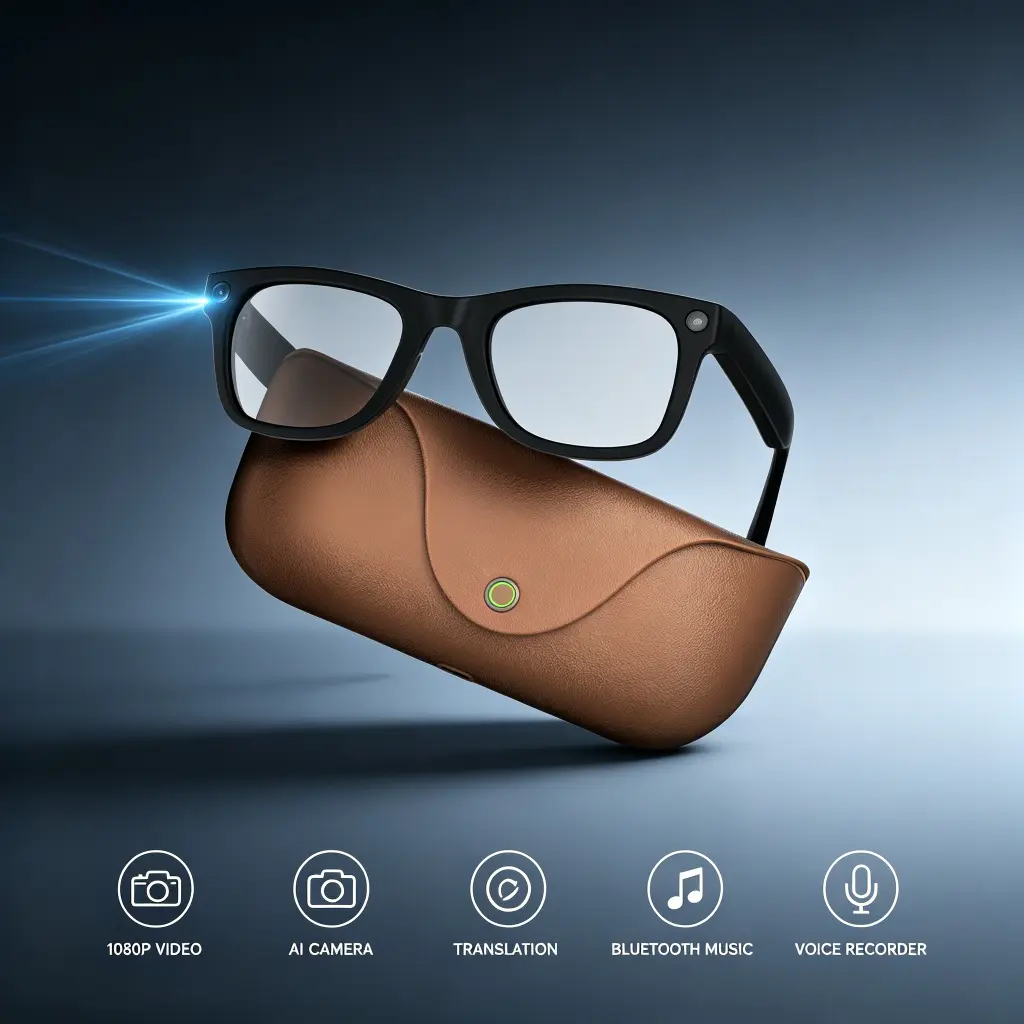 Smart AI Camera Glasses with 8MP HD Camera, 1080P Video Recording, Multi-Language Real-Time Translation, AI Object Recognition, Bluetooth Music & Calls, Voice Recorder, with Charging Case, UV400 Protection, Tech Gadgets for Travel, Mens Gifts for Him