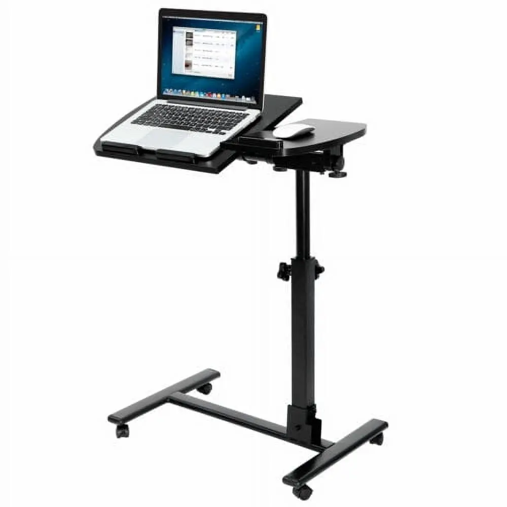 Modern Metal Frame Laptop Bed Desk Cart - Portable Laptop Stand, Adjustable Height, 180° Tilt Lock Tray, Caster Wheels, Sturdy Frame Stays Stable, Over Bed Fit, 23.6"(15.5+8)x13.6"x24"-35.5" Office Furniture for Home Use