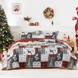 GustoWave Queen Size Christmas Plaid Quilts Coverlet Bed Set with Pillow Shams, Bedding Set 96"x90" + 20"x26"*2