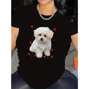 Short Sleeve T-Shirt With Maltese Dog Print And Red Hearts| Made Of, Lightweight And Durable, Perfect For Casual Wear At Home Or Restaurant, Comfortable Everyday Outfit For Women, Crew Neck Style