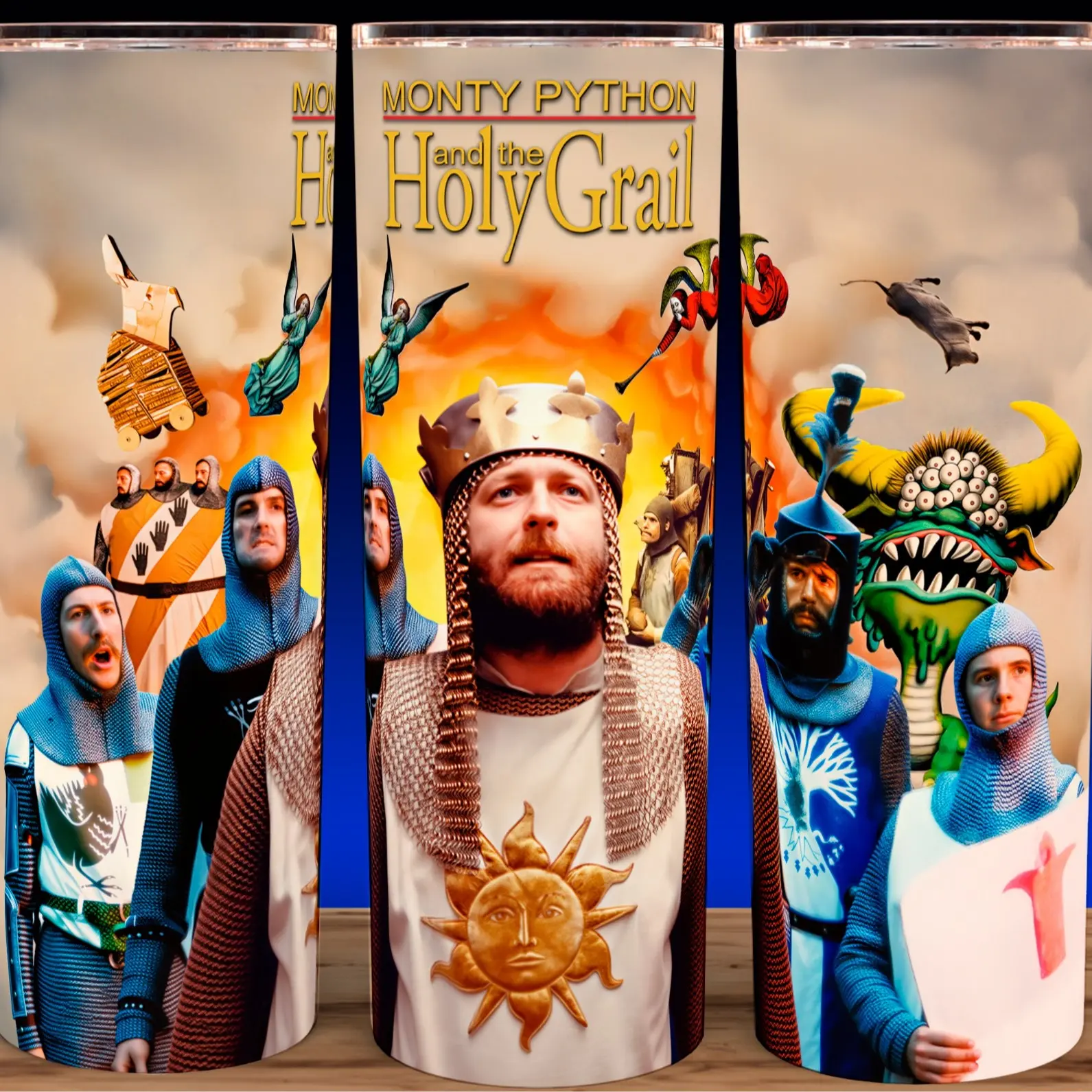 Monty Python and The Holy Grail 20oz Stainless Steel Tumbler Mug - 70s Comedy Fantasy, Durable Handmade Modern Kitchenware Drinkware for Adults, Heat Resistant, Slide Closure Lid, Reusable Straw