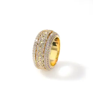 11mm Iced Out Hip Hop Spinner Ring for Men Women, AAA+ Zircon Rotatable Copper Band, Geometric Anxiety Relief Ring