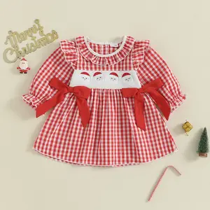 Kids Girls Christmas Dress, Long Sleeve Dress Crew Neck Plaid Embroidery Santa Claus Fall Dress