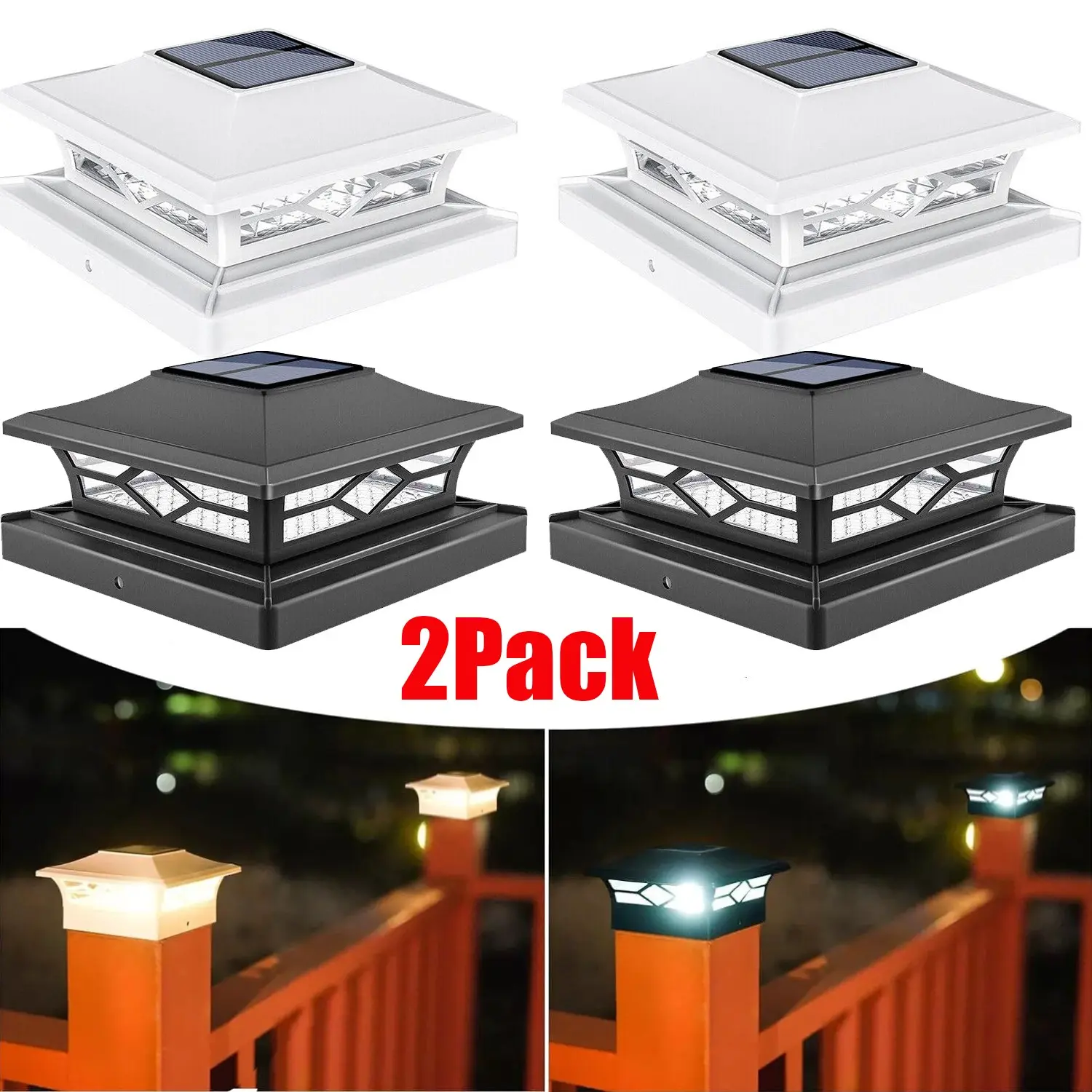 2-Pack Solar Post Deck Cap Lights - Outdoor Vinyl Pathway Lights for Garden Fence Landscape Lighting