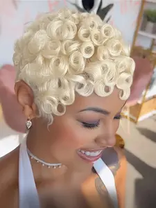Pixie Cut Curly Wigs for Women Blonde Short Layered Pixie Cut Human Hair Wigs With Bangs  Short Curly Human Hair Wig for Daily Use