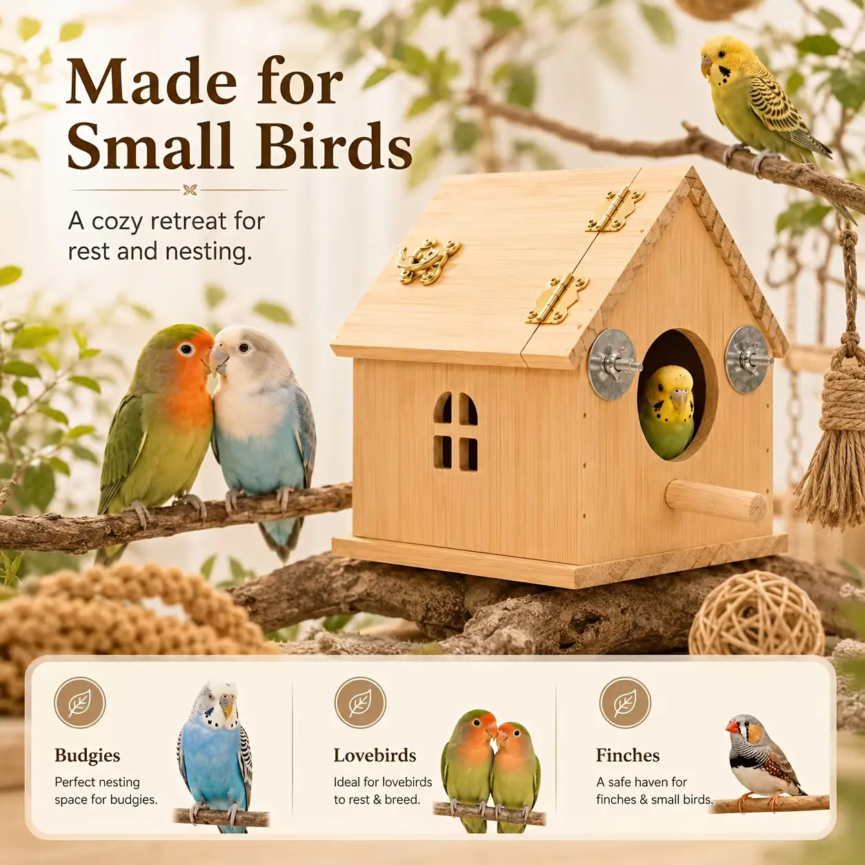Natural Wood Bird Nest - Durable, Easy-Mount Pet Breeding Box, All-Seasons Safe Space for Small-Medium Cage-Raised Quails, Parrots, Lovebirds, Budgies, Finches Cage Accessory