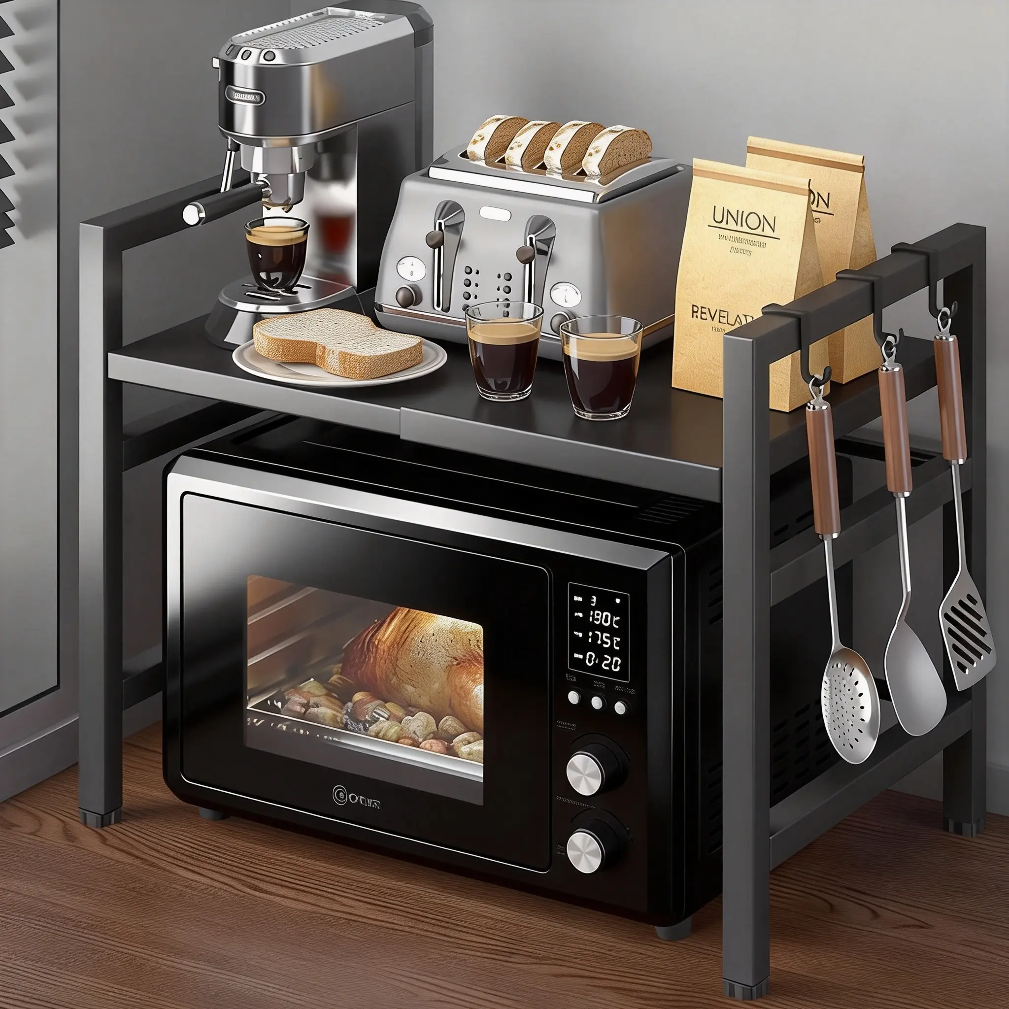 Sturdy Durable 2-Tier Adjustable Expandable Countertop Rack with Hanging Hooks, 45-65cm Convenient Home Storage Organizer for Small Kitchen Appliances (Oven, Air Fryer) – 360-Degree Rotatable Space Saver Extended Storage Solution